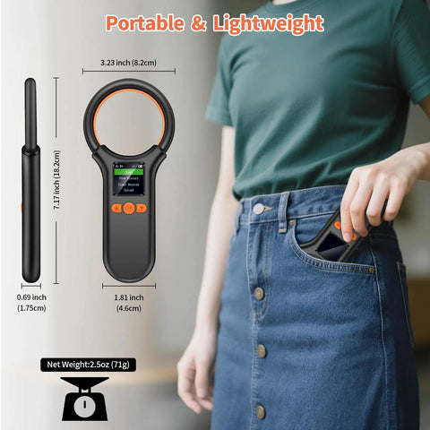 Person storing Pet Microchip Scanner For Dogs Cats And More, Rechargeable RFID EMID FDX B Reader with LCD Display in pocket