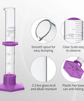 Durable Pro Grade Borosilicate Glass Measuring Cylinder Set With Hex Base And Brush Includes 10 ML 25 ML 50 ML And 100 ML Cylinders Class B Lab Glassware For Chemistry Experiments And Education featuring a purple hex base and clear scale