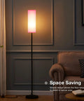 Pink Shade Floor Lamp For Living Room And Bedroom, Tall 65 Inch Standing Lamp With Black Iron Pole, lit in a modern room