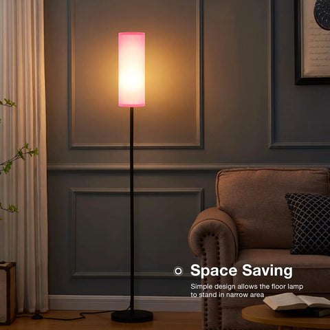 Pink Shade Floor Lamp For Living Room And Bedroom, Tall 65 Inch Standing Lamp With Black Iron Pole, lit in a modern room