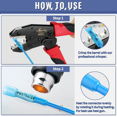 How to use 340Pcs Heat Shrink Butt Connectors Kit Marine Grade Electrical Wire Connectors tutorial steps with crimper and heat gun.