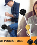 Heavy Duty Toilet Plunger Bulk Pack Of Six Black Double Thrust Rubber Force Cups Built Like A Tank For Knocking Out Stubborn Drain Clogs And Commercial Cleaning Teams, showing a person using a plunger.