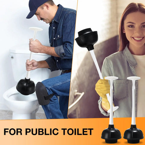 Heavy Duty Toilet Plunger Bulk Pack Of Six Black Double Thrust Rubber Force Cups Built Like A Tank For Knocking Out Stubborn Drain Clogs And Commercial Cleaning Teams, showing a person using a plunger.