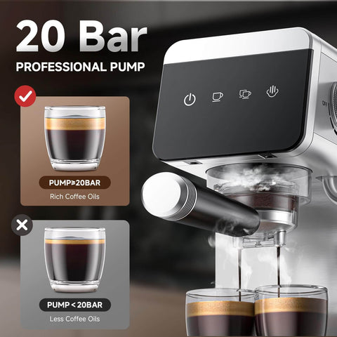 Espresso Coffee Machine With 20 Bar Pressure, LED Touch Screen, Compact Design For Home And Office showcasing brewing function