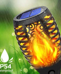 Outdoor Solar Tiki Torch Lights With Realistic Flickering Flame, showing waterproof design and solar panel in garden setting.