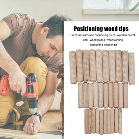 Man using drill with Wooden Doweling Jig Kit For Cabinets And Drawers 300 Piece Set with dowels shown for DIY woodworking project.