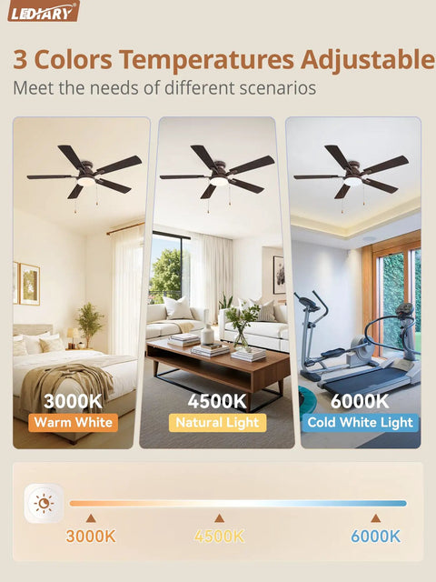 LEDIARY 52inch Ceiling Fans with Light Pull Chain and Remote Control Brown showcasing 3 adjustable color temperatures in room settings.
