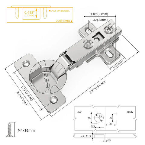 Two Pack Full Overlay Cabinet Hinges Frameless Self Closing Silent Soft Close Bracket dimensions 35Mm cup for kitchen remodel