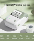 Slick Durable Portable Label Maker Machine With Wireless Bluetooth Pc App For No Sweat Home Organization And School Storage Includes Self Adhesive Tape Rolls In Green White on a light background with tape rolls.