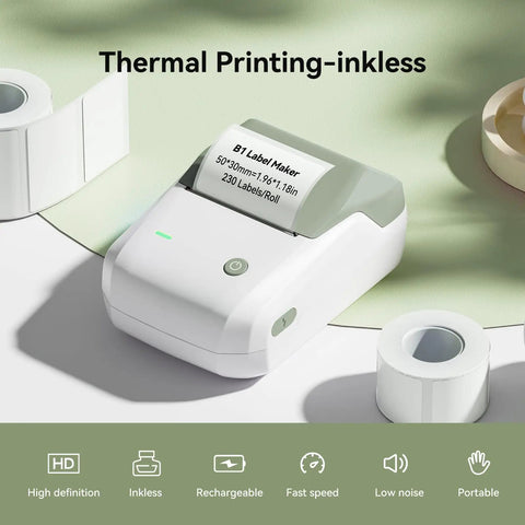 Slick Durable Portable Label Maker Machine With Wireless Bluetooth Pc App For No Sweat Home Organization And School Storage Includes Self Adhesive Tape Rolls In Green White on a light background with tape rolls.
