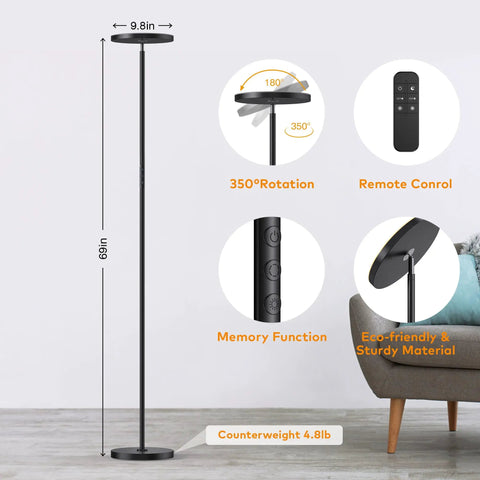 Game-Changing LED Floor Lamp With Remote Control, Dimmable 3500 Lumen 36W Standing Torch Style Light, 68in tall, black