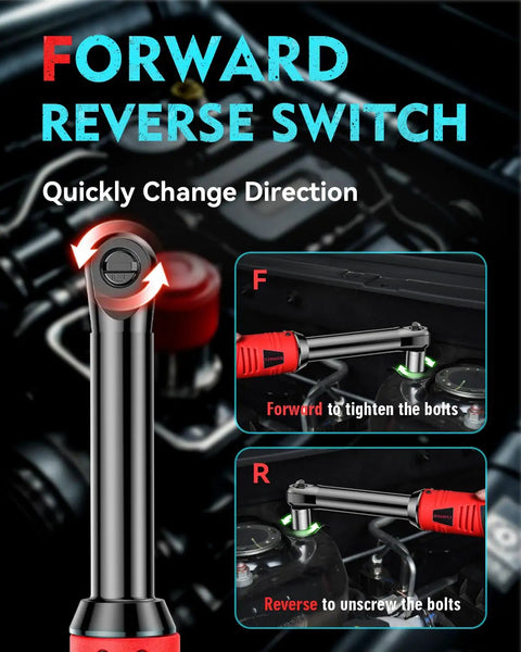 Forward reverse switch on Cordless Three Eighths Inch Drive Ratchet Wrench Set With Dual 2000mAh Batteries, 40 Ft Lb Electric Torque And 150 Nm Manual Torque, 450 RPM, Sixteen Point Eight Volt Variable Speed, 7 Sockets And LED Light For Automotive And Heavy Duty Jobs