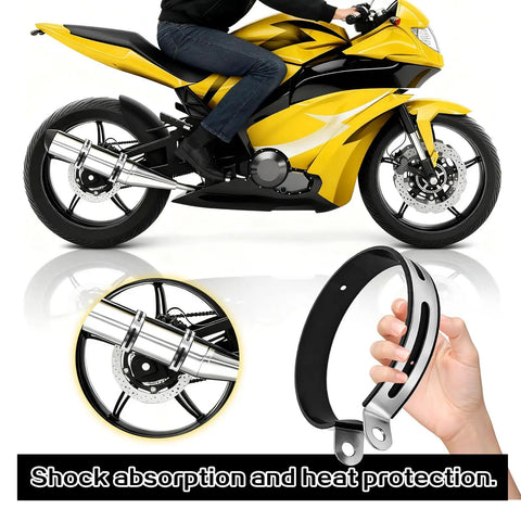 Sturdy Stainless Steel Motorcycle Exhaust Clip Brackets With Rubber Cushions Universal Exhaust Hanger Clamp close-up and motorcycle view