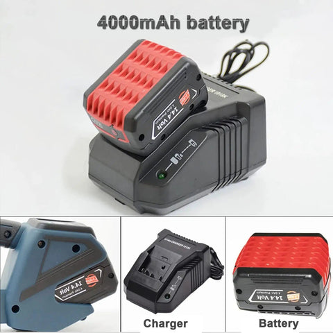 Heavy Duty Handheld Automatic Strapping Machine For One Half To Five Eighth Inch Pp Pet Straps With Built In Battery Powered Electric Banding Tool For Secure Fast Welding And Cutting Packaging Supplies battery and charger.