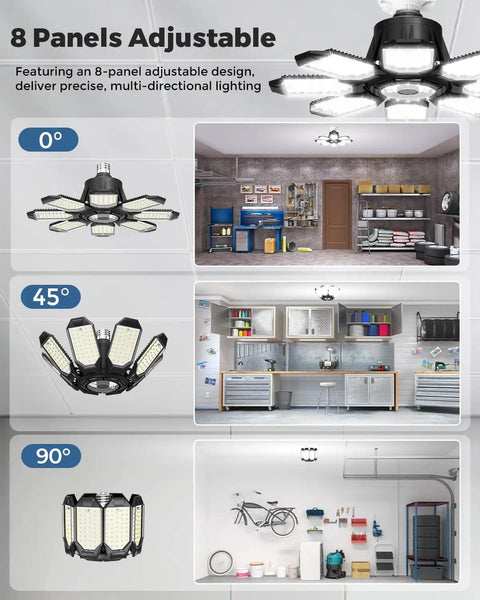 LED Garage Ceiling Light 2 Pack With 8 Plus 1 Adjustable Panels Ultra Bright 14000 Lumen Deformable Fixture for indoor use