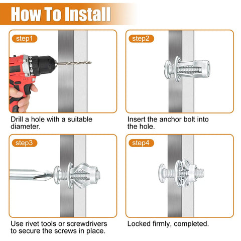 Installation guide for Forty Piece Petal Nut Expansion Screw Set For Hollow Walls And Thin Panels with drill and bolts.