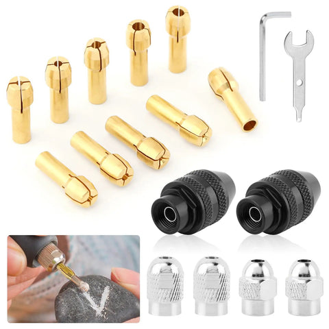 Pro Grade Drill Chuck Collet Set For Rotary Tools, 10 Brass Collets From 0.5mm To 3.2mm, Quick Change, 2 Jaw Chucks, wrenches