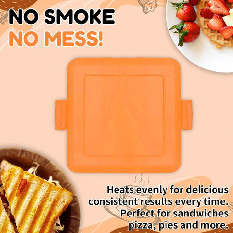 Top view of Heatwave Microwave Toastie Maker With Nonstick Tray And Panini Press Dishwasher Safe Compact 5.5x5.5 Inch Orange.