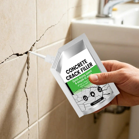 Gutsy Concrete Crack Filler And High Flex Sealant Offers No Sweat Weather Resistant Waterproof Coating being applied to a wall crack.