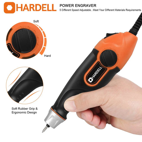 Compact 24W Engraving Pen Delivers Badass Performance At Five Speeds Includes Three Hella Durable Tungsten Carbide Bits For Crisp Etching On Metals Stone Glass And Wood Boasts A Cushioned Grip Handle Straight Out Of Box Ready, showcasing ergonomic design and speed adjustment dial.