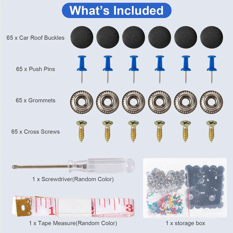 Universal Car Roof Headliner Repair Kit With 262 Piece Set Including Push Pin Fasteners And Screwdriver For Hassle Free Diy Sagging Interior Liner Fix On Most Rigs And Rides In Black components listing with car roof buckles, push pins, grommets, and screws.