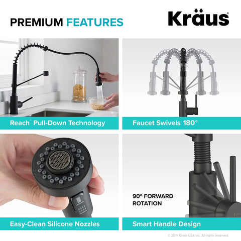 Four-feature collage of Bolden Commercial Style Two Function Pull Down Kitchen Faucet With Single Handle In Matte Black High Arc Open Coil Sprout For A Pro Grade Look About 18.75 Inches Tall With 8.625 Inch Spout Reach Model KPF-1610MB.