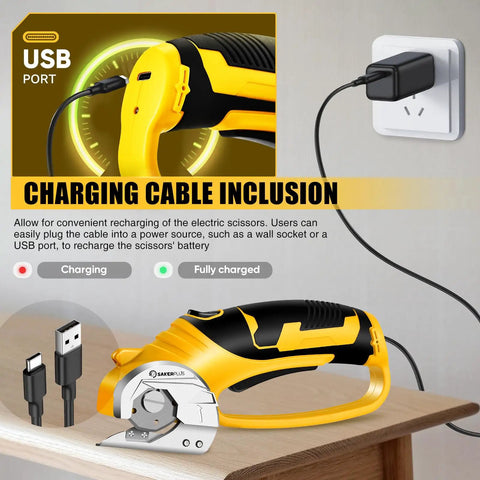 Cordless Electric Scissors For Cardboard And Box Cutting With Safety Lock And LED Light 4V Go To Rotary Cutter shown charging via USB