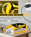 SakerPlus Cordless Electric Scissors Box Cutter With Rechargeable Battery charging via USB port, showcasing included charging cable.