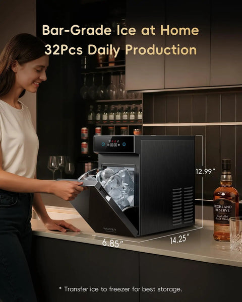 Big League 2.4 Clear Ice Ball Maker Compact Countertop Design Delivers Slow Melting Crystal Spheres For Bourbon And Whiskey In Roughly Forty Minutes Straight Up Solid, showcasing ice balls being dispensed.