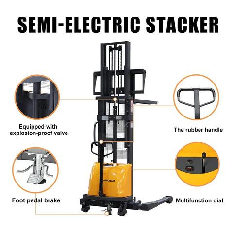 Semi Electric Pallet Stacker With Straddle Legs, 3300 Lb Capacity, 98 Inch Lift Height, showing key features and controls