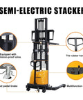 Semi Electric Stacker with explosion-proof valve, rubber handle, multifunction dial, and foot pedal brake for easy operation.