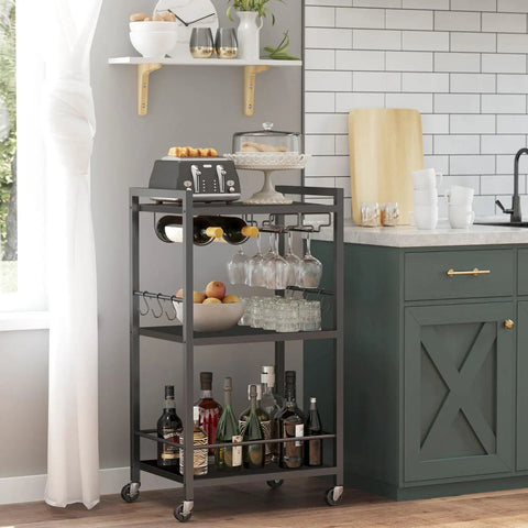 Mobile Bar Cart On Wheels For Home Use, Rolling Beverage Cart With Wine Rack And Glass Holder, Microwave Stand And Kitchen Island, Perfect For Living Room Or Kitchen, Black Finish in kitchen