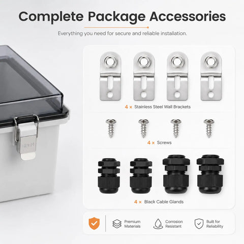 IP67 Waterproof Outdoor Junction Box With Hinged Cover And Cable Glands, Tough As Nails Heavy Duty ABS Electrical Enclosure With Rustproof 304 Stainless Steel Latches, Thick Rubber Seal, Weatherproof For Harsh Outdoor Use, with latches and accessories