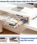 Under Desk Storage Drawer Organizer Two Pack Stick On Self Adhesive Slide Out Drawers installed under white monitor riser