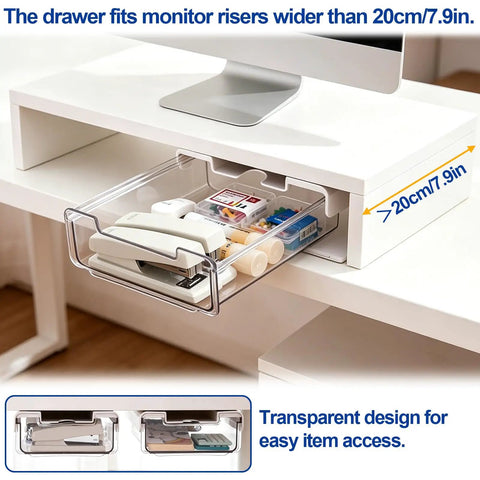 Under Desk Storage Drawer Organizer Two Pack Stick On Self Adhesive Slide Out Drawers installed under white monitor riser