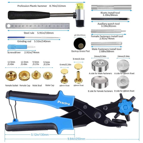 Leather Hole Punch Plier Kit With Revolving Punch Tool Pliers, ruler, hammer, grinding rod, fasteners, and storage box layout.
