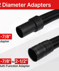 Eight Foot Universal Vacuum Hose For Wet Dry Vacuums With Two And A Half Inch Inlet Compatible With Rigid Dewalt Husky Craftsman Bauer Masterforce Vacuums Includes Dual Function Adapter For Extra Length with two diameter adapters.