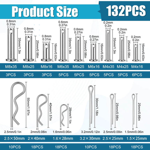 132 Piece Clevis Pin And Cotter Pin Assortment Kit In 304 Stainless Steel, 15 Sizes, Heavy Duty Hitch Clip Pins for DIY