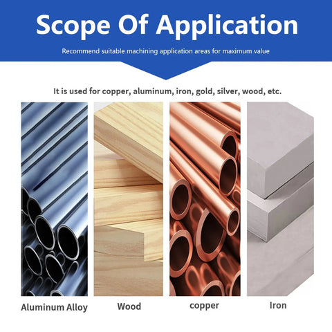 Material applications for 5 Piece Solid Carbide Flat End Mills Set, showing aluminum, wood, copper, and iron examples.