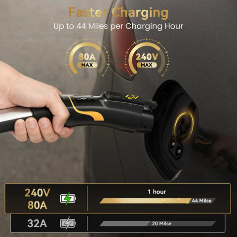 Nacs To J1772 Ev Charger Adapter 80A With Led Display for quick EV charging, showing socket connection and specs.