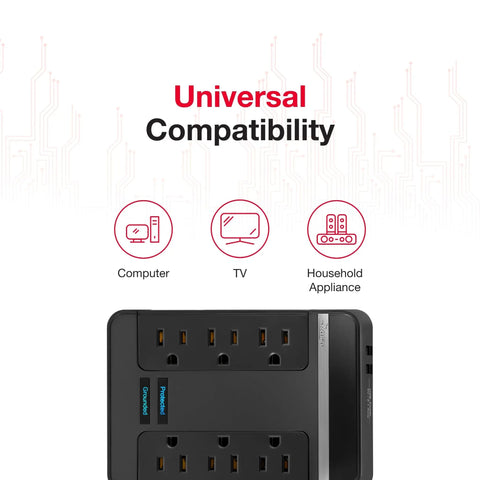 Universal compatibility of 6 Outlet 2 USB Swivel Wall Tap Surge Protector with 2100 Joules, supporting various devices.