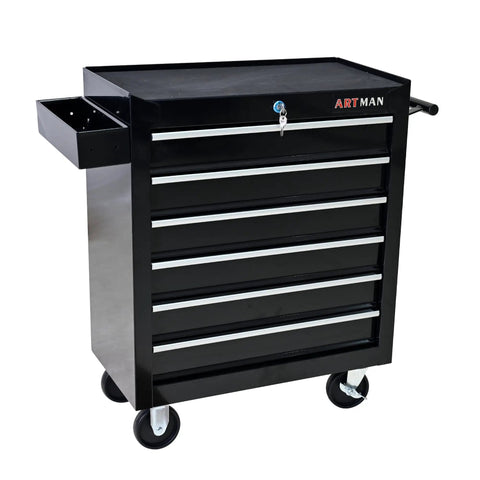 Heavy Duty Rolling Tool Chest With Six Roomy Drawers, featuring a black finish, secure locking lid, and smooth rolling casters.