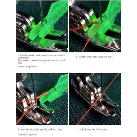Five Piece Fish Type Needle Threaders for Sewing Machines and Hand Sewing, Automatic Threading Tool in use on machine