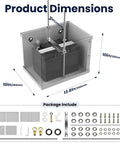 Heavy Duty Aluminum Battery Relocation Box Kit for Cars Trucks and SUVs with dimensions and included mounting hardware.