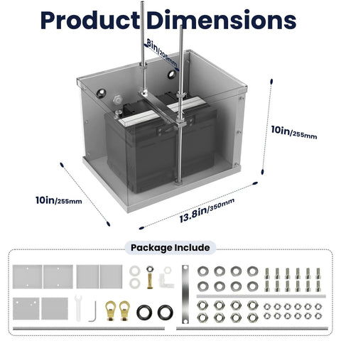 Heavy Duty Aluminum Battery Relocation Box Kit for Cars Trucks and SUVs with dimensions and included mounting hardware.