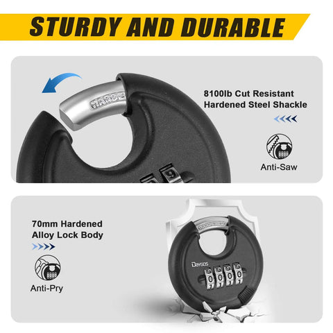 Rugged Outdoor Combination Disc Padlock With Four Digit Code Heavy Duty Weatherproof Rustproof Lock For Storage Units Gates Fences And Trailers Black Three Eighth Inch Shackle