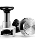 Pro Grade 58.5mm Espresso Tamper With 25Lb Constant Pressure Spring Loaded System, silver, side and bottom view, 90 Degree Leveling Guard
