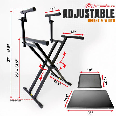 Adjustable Two Tier Portable DJ Table Stand for Laptops, MIDI Controllers, Tablets and Sheet Music with measurements.