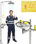 Heavy Duty Combo Emergency Shower Eye Wash Station Standing A Solid Ninety Inches Tall Forged From Premium 304 Stainless Steel in use.