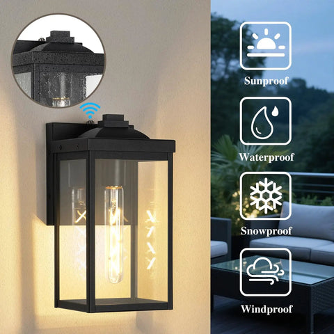 Two Pack Dusk To Dawn Sensor Outdoor Wall Lights, White Aluminum Sconce With Seed Glass, Weatherproof Wall Mount